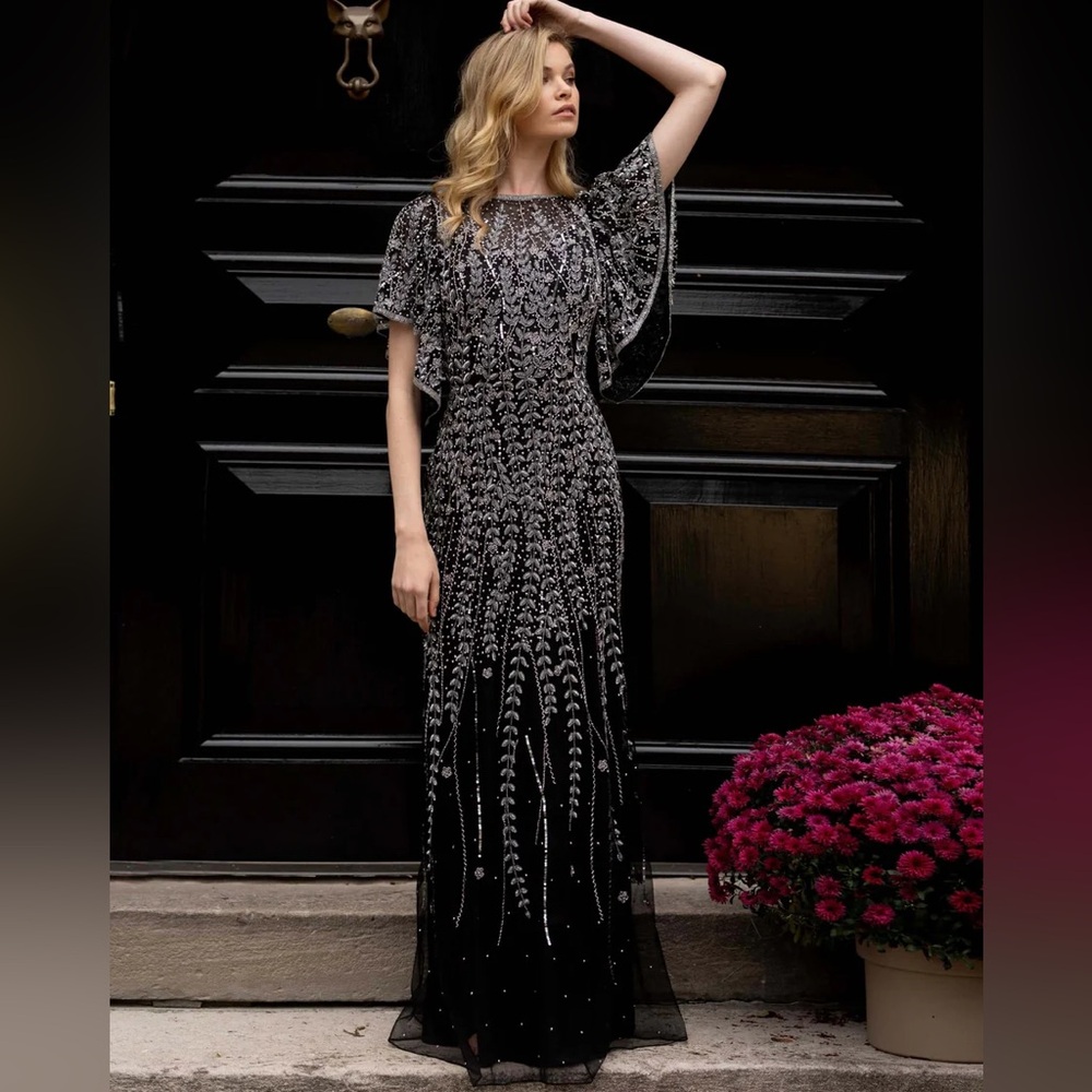 Primavera Couture Flutter Sleeve beaded gown